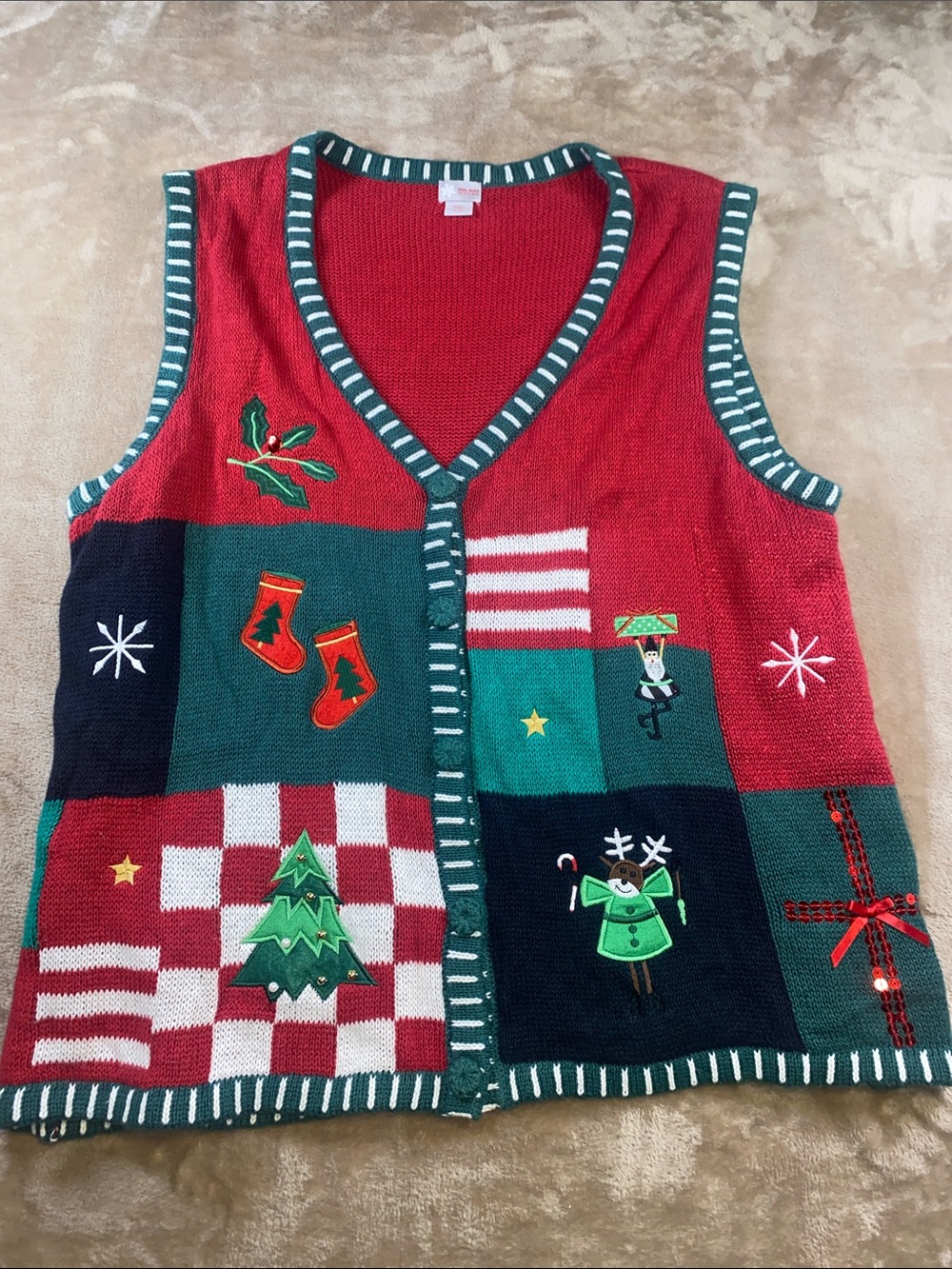 Holiday Editions Red & Green Patchwork V-Neck Sweater Vest